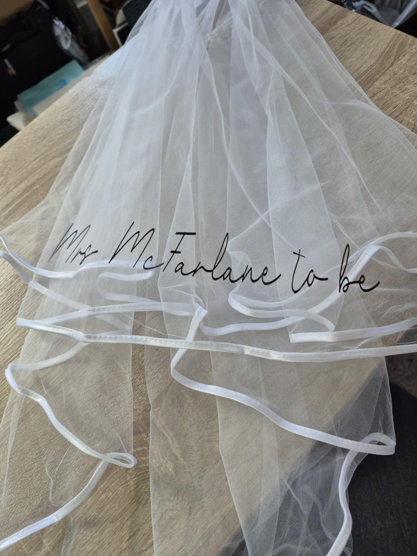 Personalised Double Layer Satin Ribbon Edge Veil