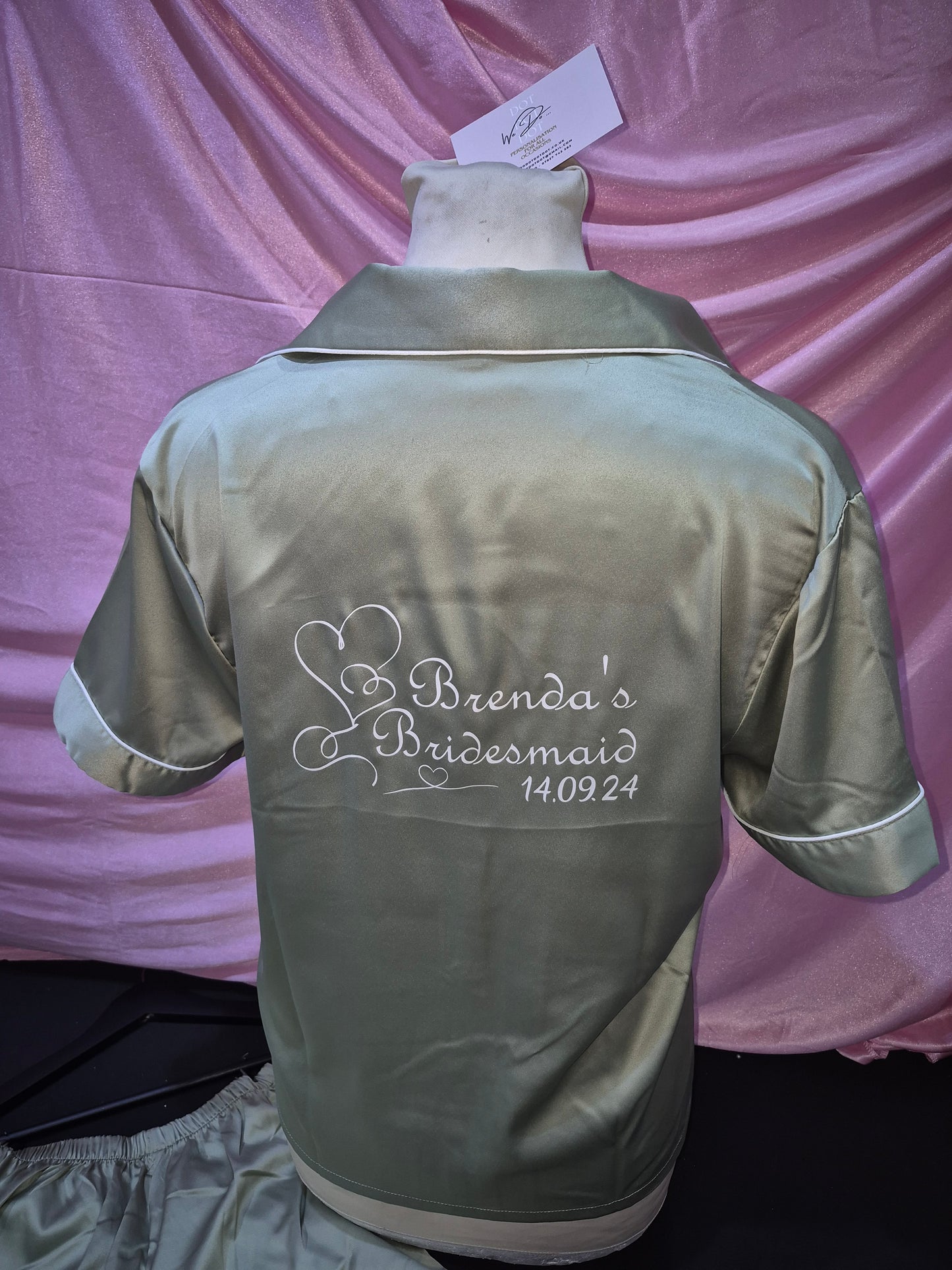 Adult satin pyjamas - Personalised name with hearts, wedding role and wedding date