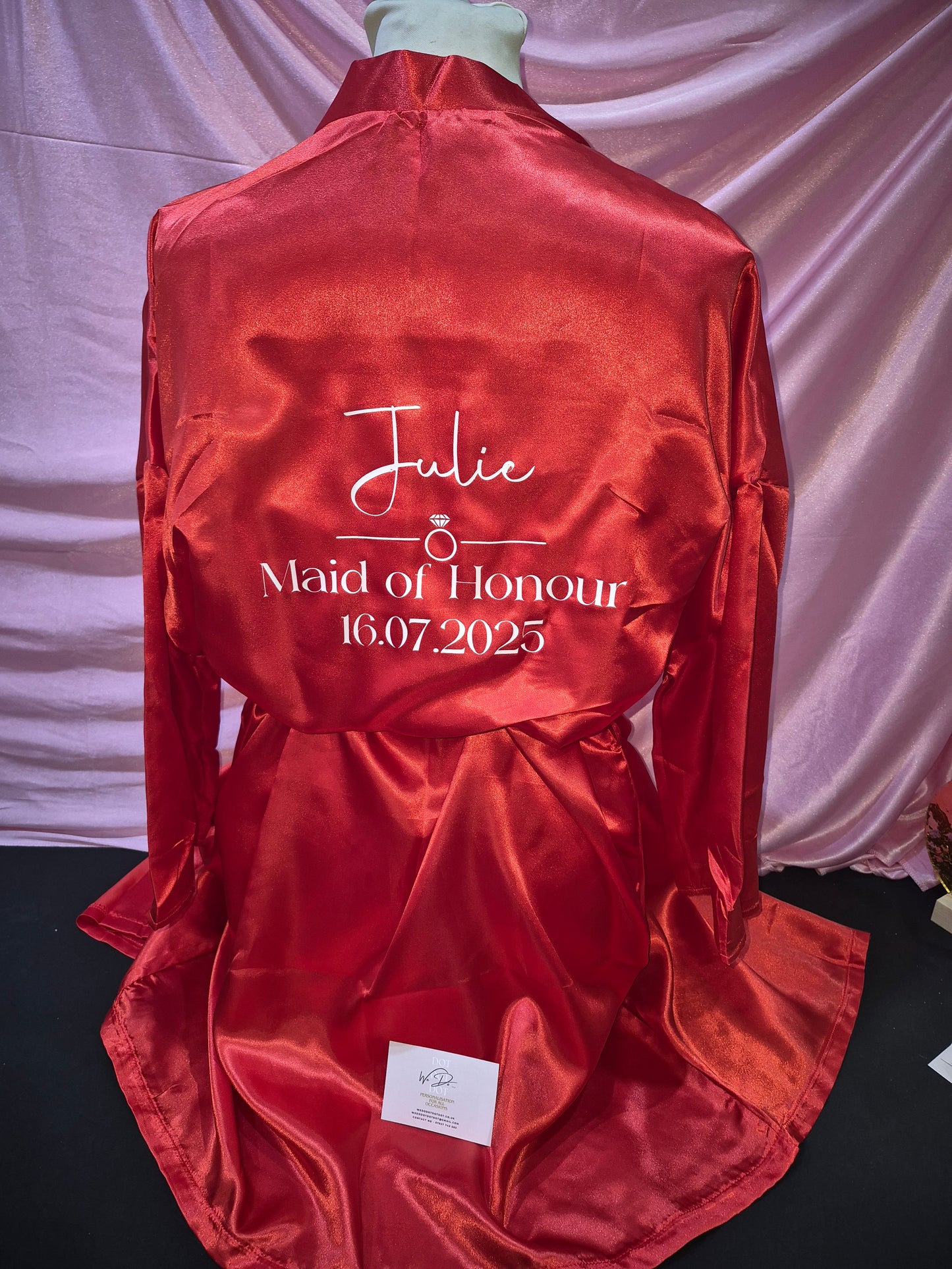 Wedding satin Robe - Personalised name with diamond ring, wedding role and wedding date