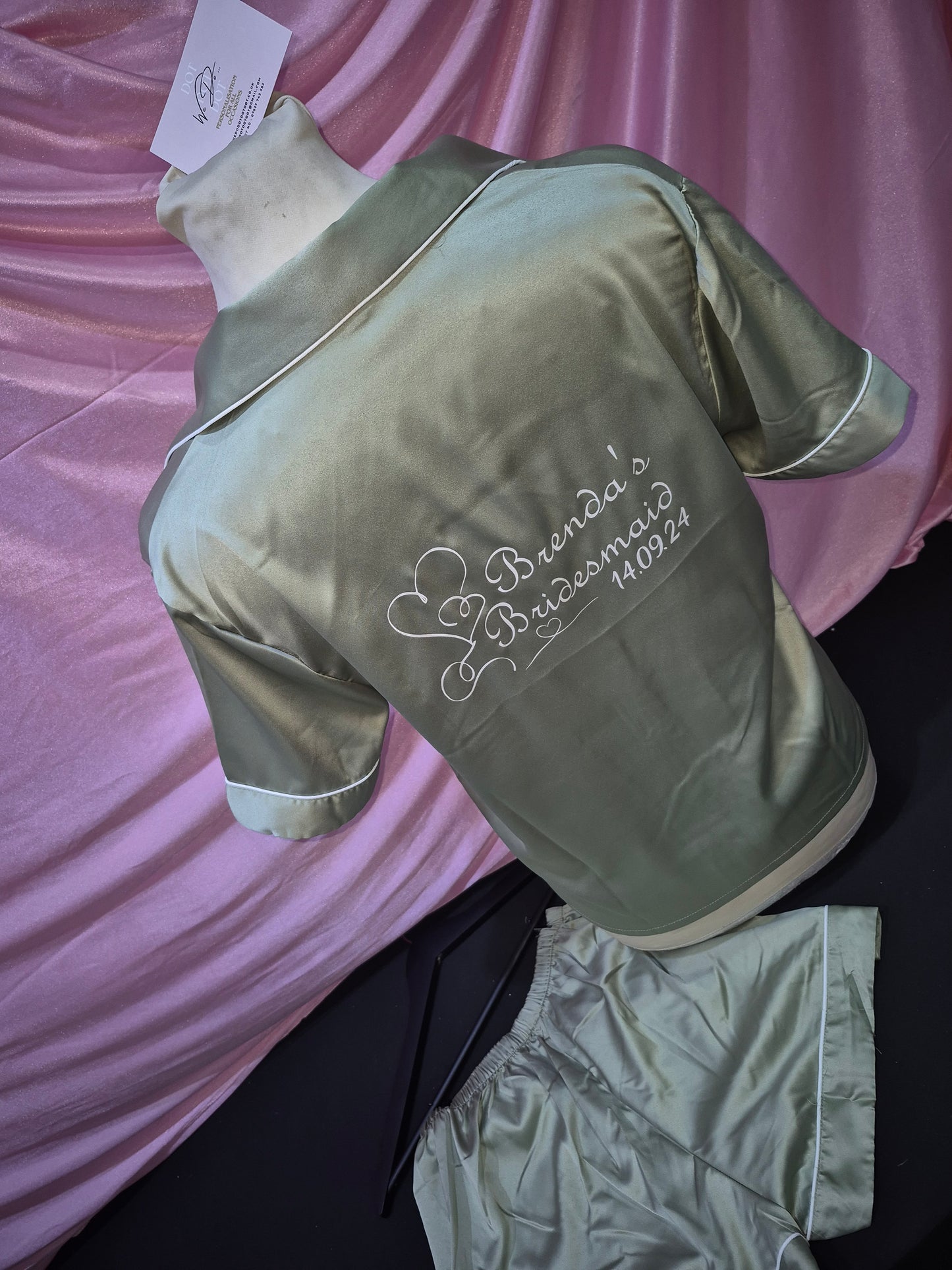 Adult satin pyjamas - Personalised name with hearts, wedding role and wedding date