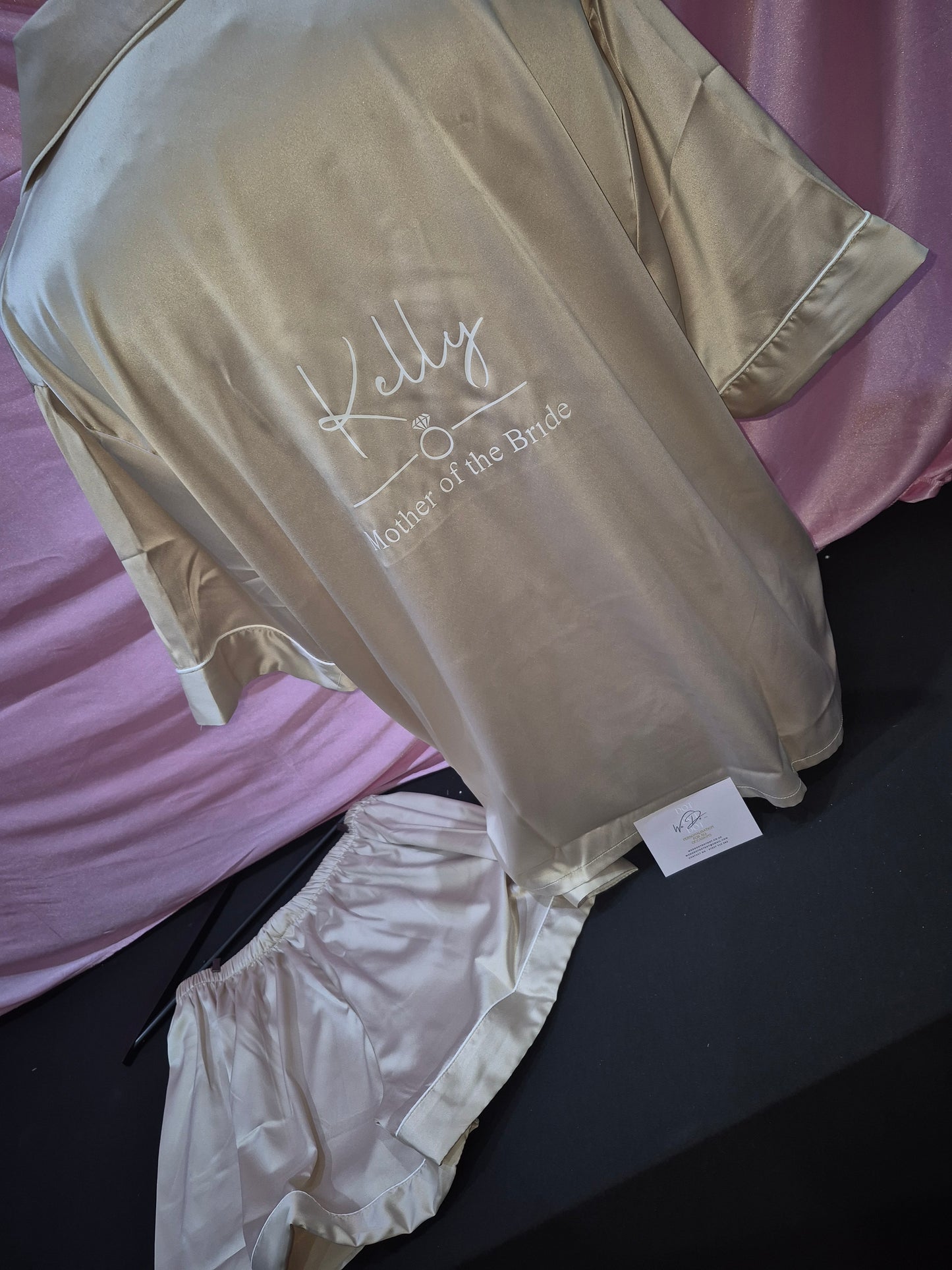Adult satin pyjamas - Personalised name with diamond ring, wedding role and wedding date
