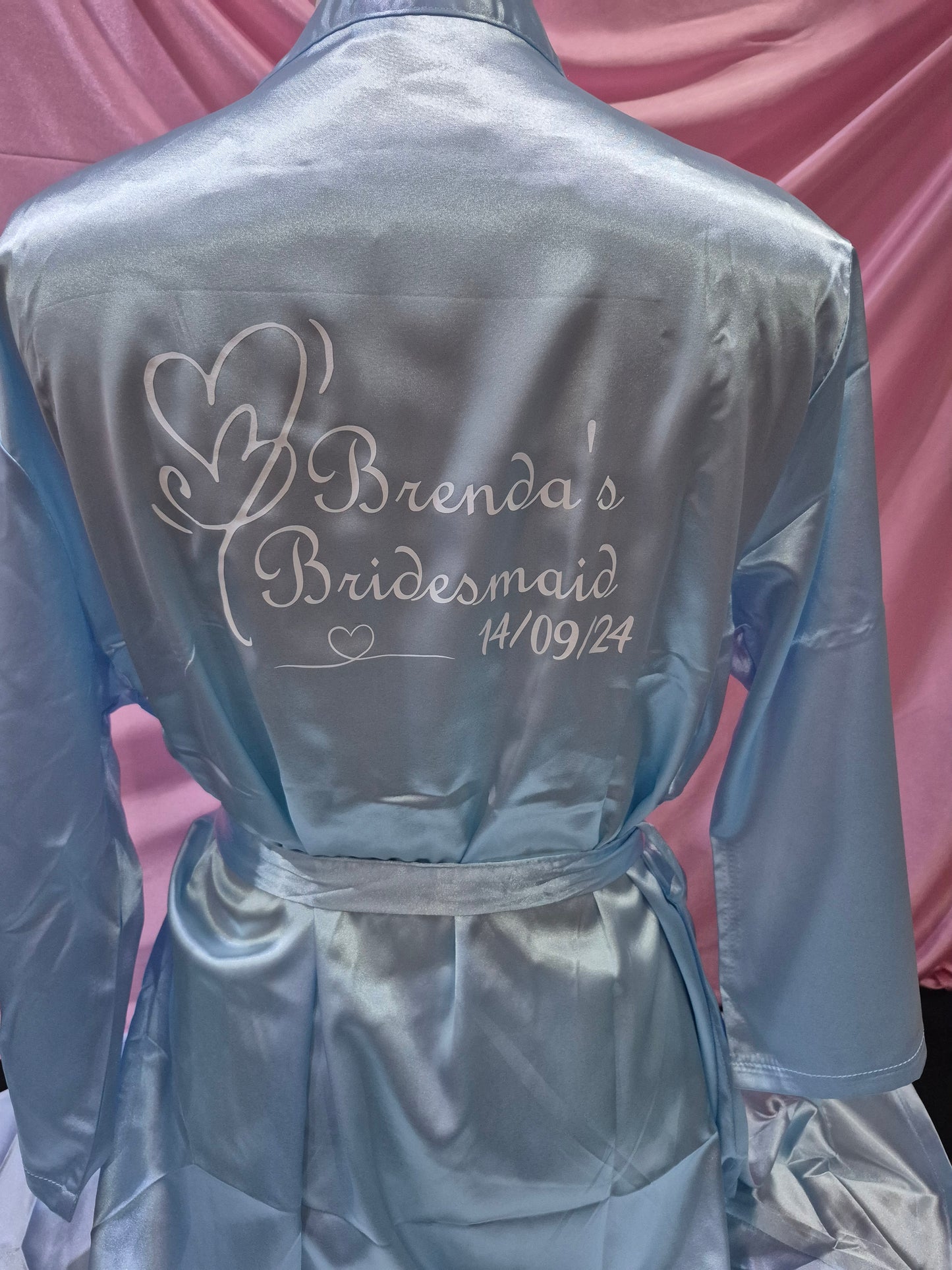 Wedding Satin Robe - Personalised name with with hearts, wedding role and wedding date