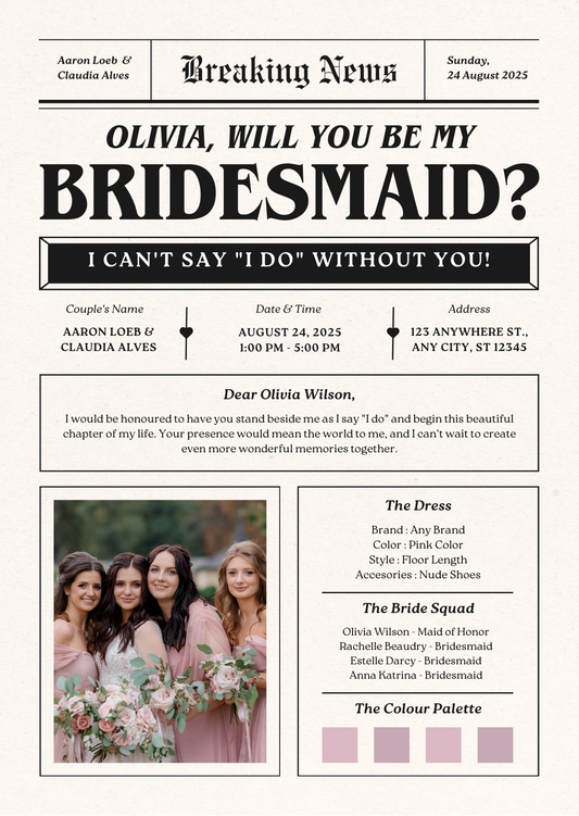 Bridesmaid Proposal, Will You Be My Bridesmaid Newspaper, Maid of Honour Proposal Gifts, Wedding Day Newspaper, Bridal Party Bouquet Wraps
