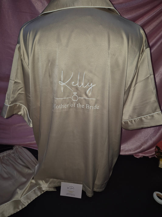Adult satin pyjamas - Personalised name with diamond ring, wedding role and wedding date
