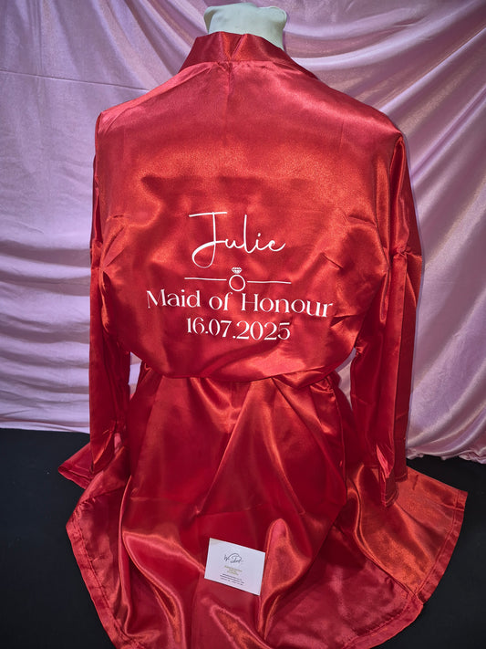 Wedding satin Robe - Personalised name with diamond ring, wedding role and wedding date