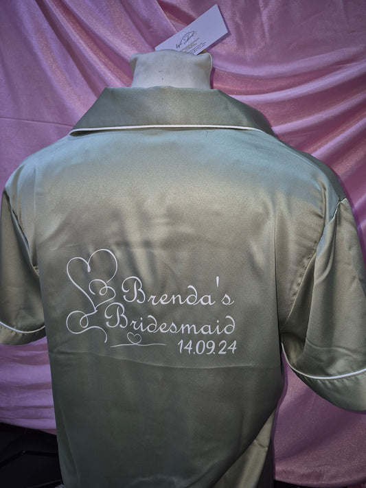 Adult satin pyjamas - Personalised name with hearts, wedding role and wedding date